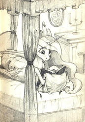 Size: 1097x1589 | Tagged: safe, artist:skyaircobra, princess celestia, alicorn, pony, g4, bed, bedroom, book, candle, crown, crying, female, grayscale, jewelry, mare, monochrome, pencil drawing, pillow, prone, reading, regalia, sad, solo, traditional art