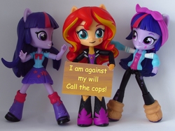 Size: 1200x900 | Tagged: safe, artist:whatthehell!?, edit, sunset shimmer, twilight sparkle, equestria girls, g4, doll, eqg minis sunset's sign, equestria girls minis, irl, parody, photo, self paradox, toy