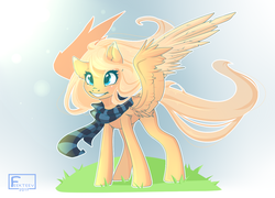 Size: 1280x922 | Tagged: safe, artist:feekteev, oc, oc only, oc:mirta whoowlms, pegasus, pony, clothes, female, mare, scarf, smiling, solo, spread wings, wings