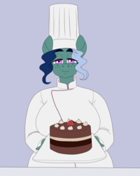 Size: 1200x1500 | Tagged: safe, artist:lurking tyger, oc, oc only, oc:sugar cakes, earth pony, pony, cake, chef, chef outfit, chef's hat, food, hat, solo