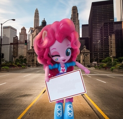 Size: 1091x1057 | Tagged: safe, artist:whatthehell!?, edit, pinkie pie, equestria girls, g4, chicago, doll, eqg minis pinkie's sign, equestria girls minis, eqventures of the minis, irl, parody, photo, template, toy