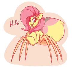 Size: 1800x1653 | Tagged: safe, artist:graphene, fluttershy, monster pony, original species, spiderpony, comic:children of everfree, g4, cute, cute little fangs, fanart, fangs, female, hi, looking at you, multiple eyes, open mouth, shyabetes, simple background, smiling, solo, species swap, spidershy