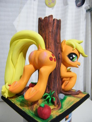 Size: 2736x3648 | Tagged: safe, artist:dantethehuman, applejack, earth pony, pony, fanfic:stuck, g4, apple, applebutt, blushing, butt, buttstuck, clopfic, clopfic in the comments, craft, cute, dock, fanfic, fanfic art, featureless crotch, female, food, freckles, frog (hoof), grin, heart eyes, high res, looking at you, looking back, looking back at you, mare, missing accessory, plot, raised tail, sculpture, smiling, solo, stuck, stuck between trees, tail, traditional art, tree stump, underhoof, wingding eyes