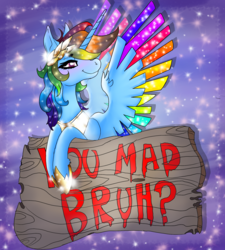 Size: 1800x2000 | Tagged: safe, artist:brainiac, rainbow dash, alicorn, pony, g4, colored wings, colored wingtips, cute, female, galaxy, glitter, jewelry, laurel wreath, mare, meme, race swap, rainbowcorn, sign, solo, sparkles, text, you mad bro