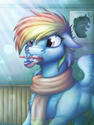 Size: 3000x4000 | Tagged: safe, artist:lupiarts, minuette, rainbow dash, pegasus, pony, unicorn, g4, clothes, dentist, duo, female, floppy ears, high res, mare, micro, scarf, size difference, smiling, tiny ponies, tongue out, toothbrush