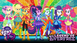 Size: 1920x1080 | Tagged: safe, artist:8ballgta3, artist:mixiepie, applejack, fluttershy, pinkie pie, rainbow dash, rarity, sci-twi, spike, sunset shimmer, twilight sparkle, equestria girls, g4, my little pony equestria girls: legend of everfree, balloon, boots, chains, clothes, crystal guardian, crystal wings, glasses, gloves, hand on hip, high heel boots, humane five, humane seven, humane six, jewelry, mane seven, mane six, ponied up, ponytail, rainbow background, sci-twilicorn, shoes, sleeveless, sneakers, sparkles, sun, super ponied up, visor, wallpaper, wings