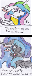 Size: 1289x2999 | Tagged: safe, artist:cuddlelamb, nightmare moon, princess celestia, alicorn, pony, g4, annoyed, comic, duo, ear fluff, emo, female, floppy ears, frown, glare, goth, lidded eyes, looking at you, mare, open mouth, traditional art, unamused