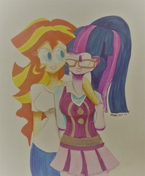 Size: 1280x1544 | Tagged: safe, artist:missmayaleanne, sci-twi, sunset shimmer, twilight sparkle, equestria girls, g4, alternate clothes, clothes, crystal prep academy uniform, female, lesbian, looking at each other, school uniform, ship:sci-twishimmer, ship:sunsetsparkle, shipping, simple background, traditional art