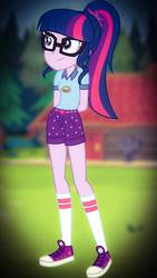 Size: 720x1280 | Tagged: safe, artist:8ballgta3, sci-twi, twilight sparkle, equestria girls, g4, my little pony equestria girls: legend of everfree, camp everfree outfits, clothes, converse, cute, female, glasses, hands behind back, legs, shoes, shorts, sneakers, solo, tree