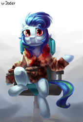 Size: 1700x2500 | Tagged: safe, artist:jedayskayvoker, oc, oc only, earth pony, pony, chair, clothes, commission, gamer, looking at you, male, sitting, solo