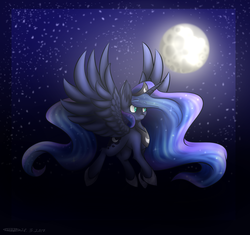 Size: 2000x1883 | Tagged: safe, artist:kailast, princess luna, alicorn, pony, g4, female, flying, moon, night, solo, stars