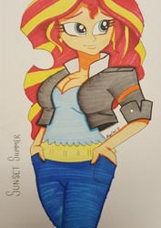 Size: 1280x1803 | Tagged: safe, artist:missmayaleanne, sunset shimmer, equestria girls, g4, breasts, busty sunset shimmer, cleavage, clothes, female, hand in pocket, jacket, pants, signature, simple background, smiling, solo, traditional art