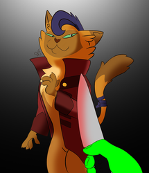 Size: 1287x1496 | Tagged: safe, artist:xchan, color edit, edit, capper dapperpaws, oc, oc:anon, abyssinian, cat, anthro, digitigrade anthro, g4, my little pony: the movie, 1000 degree knife, :3, chest fluff, color, colored, dead meme, knife cat, male, ponified animal photo, this will end in death