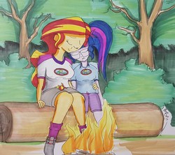 Size: 3040x2703 | Tagged: safe, artist:missmayaleanne, sci-twi, sunset shimmer, twilight sparkle, equestria girls, g4, my little pony equestria girls: legend of everfree, bonfire, camp everfree, camp everfree outfits, campfire, camping, clothes, cuddling, cute, duo, eyes closed, female, fire, forest, glasses, high res, hug, lesbian, log, nature, outdoors, resting, ship:sci-twishimmer, ship:sunsetsparkle, shipping, shirt, shoes, shorts, sitting, smiling, traditional art, tree, wood