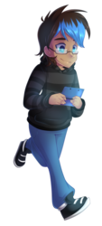 Size: 1448x3200 | Tagged: safe, artist:drawntildawn, oc, oc only, oc:playthrough, human, 3ds, clothes, glasses, hoodie, human coloration, humanized, humanized oc, looking at something, looking down, nintendo, running, shoes, smiling