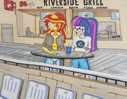 Size: 1280x1000 | Tagged: safe, artist:missmayaleanne, sci-twi, sunset shimmer, twilight sparkle, equestria girls, g4, clothes, cup, cute, date, door, drink, duo focus, female, glasses, jacket, lesbian, pants, restaurant, scenery, ship:sci-twishimmer, ship:sunsetsparkle, shipping, shirt, smiling, straw, table, traditional art