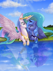 Size: 480x640 | Tagged: safe, artist:kristibrony, nightmare moon, princess celestia, princess luna, alicorn, pony, g4, altered reflection, crepuscular rays, crying, duality, duo, eyes closed, female, frown, grin, happy, lake, laughing, mare, open mouth, prone, reflection, royal sisters, s1 luna, sad, sisters, smiling, spread wings, water, wide eyes, wings