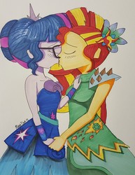Size: 1280x1658 | Tagged: safe, artist:missmayaleanne, sci-twi, sunset shimmer, twilight sparkle, equestria girls, g4, my little pony equestria girls: legend of everfree, alternate hairstyle, blushing, breasts, clothes, crystal gala, dress, eyes closed, female, glasses, holding hands, kissing, lesbian, ship:sci-twishimmer, ship:sunsetsparkle, shipping, simple background, traditional art