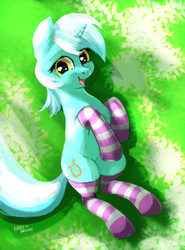 Size: 1920x2600 | Tagged: safe, artist:hardbrony, lyra heartstrings, pony, g4, chest fluff, clothes, female, grass, milestone, milestone celebration, on back, open mouth, smiling, socks, solo, striped socks