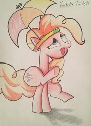 Size: 2754x3790 | Tagged: safe, artist:stammis, pinkie pie, earth pony, pony, g4, behaving like a dog, female, hat, high res, scratching, solo, traditional art, umbrella hat