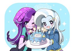 Size: 1426x991 | Tagged: safe, artist:lotte, starlight glimmer, trixie, equestria girls, g4, anime, blushing, cake, cute, diatrixes, food, glimmerbetes, one eye closed, wink
