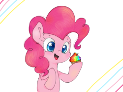 Size: 1024x768 | Tagged: safe, artist:pinkflutter, pinkie pie, earth pony, pony, g4, cupcake, cute, female, food, rainbow cupcake, solo