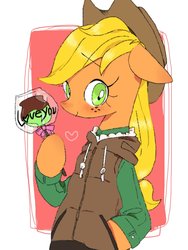 Size: 768x1024 | Tagged: safe, artist:kagitsuki, applejack, earth pony, pony, g4, apple, candy, candy apple, clothes, female, food, hoodie, looking at you, solo