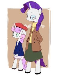 Size: 768x1024 | Tagged: safe, artist:kagitsuki, rarity, sweetie belle, semi-anthro, g4, abstract background, beret, clothes, coat, cute, diasweetes, duo, floppy ears, hat, hooves in pockets, jacket, raribetes, sisters, skirt