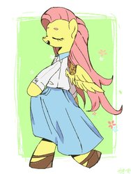 Size: 768x1024 | Tagged: safe, artist:kagitsuki, fluttershy, pony, g4, bipedal, clothes, eyes closed, female, simple background, solo, walking
