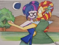Size: 1280x977 | Tagged: safe, artist:missmayaleanne, sci-twi, sunset shimmer, twilight sparkle, equestria girls, g4, my little pony equestria girls: legend of everfree, clothes, crescent moon, crystal gala, dancing, dress, female, glasses, grass, lesbian, moon, mountain, scenery, ship:sci-twishimmer, ship:sunsetsparkle, shipping, signature, smiling, traditional art, tree