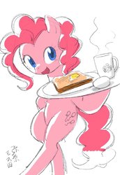 Size: 704x1024 | Tagged: safe, artist:yanamosuda, pinkie pie, earth pony, pony, g4, bipedal, bread, egg, female, food, japanese, mare, mug, plate, simple background, solo, toast, white background