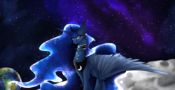 Size: 3970x2046 | Tagged: safe, artist:lilramenowo, princess luna, alicorn, pony, g4, choker, ear fluff, female, high res, jewelry, moon, peytral, planet, solo, space, spread wings, stars