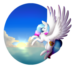 Size: 2500x2400 | Tagged: safe, artist:magicalbrownie, oc, oc only, oc:heart light, pony, cloud, female, flying, high res, jewelry, mare, necklace, ocean, solo, spread wings, sunrise, wings