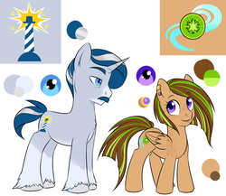 Size: 2303x2000 | Tagged: safe, artist:askbubblelee, oc, oc only, oc:kiwi breeze, oc:silver lining, pegasus, pony, unicorn, body freckles, coat markings, colored pupils, cutie mark, ear piercing, earring, facial hair, female, freckles, high res, husband and wife, jewelry, kiwing, male, mare, married couple, moustache, oc x oc, piercing, reference sheet, shipping, simple background, socks (coat markings), stallion, straight, unshorn fetlocks, white background