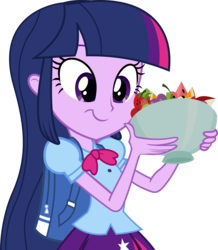 Size: 4370x5001 | Tagged: safe, artist:hithroc, twilight sparkle, equestria girls, g4, my little pony equestria girls, absurd resolution, backpack, bowl, bowtie, clothes, female, food, fruit, fruit salad, salad, simple background, skirt, solo, transparent background, vector