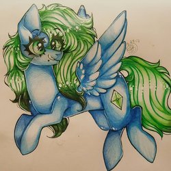 Size: 1024x1024 | Tagged: safe, artist:starshame, oc, oc only, pegasus, pony, female, flying, green hair, grin, mare, simple background, smiling, solo, traditional art