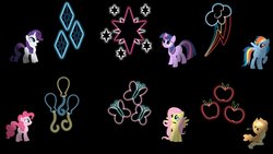 Size: 1191x670 | Tagged: safe, artist:alexram1313, artist:vendetta162, applejack, fluttershy, pinkie pie, rainbow dash, rarity, twilight sparkle, earth pony, pegasus, pony, unicorn, g4, black background, cutie mark, glowing, hay, mane six, open mouth, simple background, smiling, vector, wallpaper