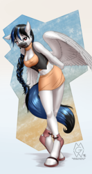 Size: 2000x3755 | Tagged: safe, artist:mykegreywolf, oc, oc only, oc:noon walker, pegasus, anthro, unguligrade anthro, anthro oc, arm behind back, belly button, boots, braid, braided ponytail, breasts, cleavage, clothes, female, high res, hoof boots, hoof shoes, legs, looking at you, mare, miniskirt, ponytail, raffle prize, shoes, skirt, smiling, solo, thighs