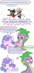 Size: 1000x2142 | Tagged: safe, artist:redeyesblind, artist:root, king sombra, princess flurry heart, spike, dragon, g4, asian conical hat, broken horn, circling stars, comic, descriptive noise, dreamworks, hat, horn, kung fu panda, meme, nervous, older, staff, uncle and niece, uncle spike, wholesome