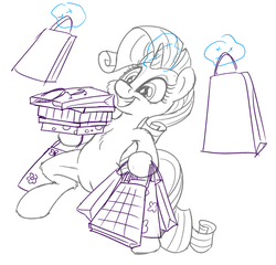 Size: 1280x1227 | Tagged: safe, artist:pirill, rarity, pony, g4, 30 minute art challenge, armpits, bipedal, female, glowing horn, horn, magic, shopping bag, smiling, solo, telekinesis