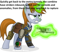 Size: 4409x3882 | Tagged: safe, artist:vector-brony, edit, oc, oc only, oc:littlepip, pony, unicorn, fallout equestria, absurd resolution, bioshock, clothes, combine, fanfic, fanfic art, female, glowing horn, grammar error, gun, half-life, half-life 2, handgun, horn, jumpsuit, little macintosh, magic, mare, metro 2033, pipbuck, ready for action, revolver, s.t.a.l.k.e.r., scope, scoped revolver, serious, serious face, sexy, simple background, solo, text, unicorn oc, vault suit, weapon, white background, x-com, xcom 2