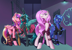 Size: 4400x3076 | Tagged: safe, artist:nauth, princess cadance, princess celestia, princess luna, queen chrysalis, alicorn, pony, g4, alley, arm warmers, baseball bat, boots, bubblegum, choker, cigarette, clothes, ear piercing, earring, eyeshadow, food, gang, graffiti, gum, high res, jacket, jewelry, lidded eyes, lipstick, looking at you, makeup, miniskirt, necklace, open mouth, piercing, punk, punk cadence, punk chrysalis, punk luna, punklestia, skirt, spiked choker, spiked wristband, street, tongue out, wristband