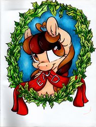 Size: 2475x3277 | Tagged: safe, artist:cutepencilcase, oc, oc only, earth pony, pony, banner, cute, female, high res, mare, mouth hold, ocbetes, smiling, solo, traditional art, wreath