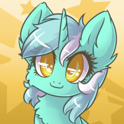 Size: 1000x1000 | Tagged: safe, artist:sapphfyr, lyra heartstrings, pony, unicorn, g4, abstract background, bust, cheek fluff, chest fluff, colored pupils, cute, female, fluffy, hnnng, looking at you, lyrabetes, smiling, solo, starry eyes, weapons-grade cute, wingding eyes