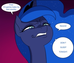 Size: 1345x1134 | Tagged: safe, artist:doublewbrothers, edit, princess luna, pony, comic:luna land, g4, comic, dialogue, disrespectful, don't go to bed, don't go to sleep, fangs, menace, menacing, speech bubble, this will end in nightmares