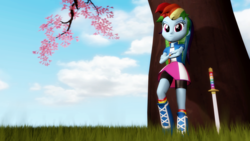 Size: 1920x1080 | Tagged: safe, artist:razethebeast, rainbow dash, equestria girls, g4, 3d, against tree, boots, clothes, compression shorts, crossed arms, cute, female, leaning, skirt, skirt lift, solo, source filmmaker, sword, tree, under the tree, weapon, wristband