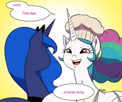 Size: 1345x1123 | Tagged: safe, artist:doublewbrothers, edit, princess celestia, princess luna, pony, comic:luna land, g4, apron, cheeky, chef's hat, clothes, comic, dialogue, disrespectful, hat, horse dung, speech bubble