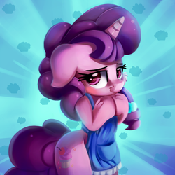 Size: 2000x2000 | Tagged: safe, artist:discorded, sugar belle, pony, unicorn, semi-anthro, apron, baker, bipedal, blushing, clothes, cute, female, floppy ears, food, lidded eyes, looking at you, mare, muffin, smiling, solo, sugarbetes