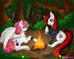 Size: 1024x819 | Tagged: safe, artist:bunnywhiskerz, oc, oc only, oc:blackjack, oc:dandy, oc:dandy candy, pegasus, pony, unicorn, fallout equestria, fallout equestria: project horizons, campfire, camping, commission, duo, female, forest, mare