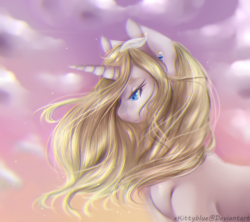 Size: 1024x911 | Tagged: safe, artist:xkittyblue, oc, oc only, pony, unicorn, cloud, female, looking down, mare, sky, solo